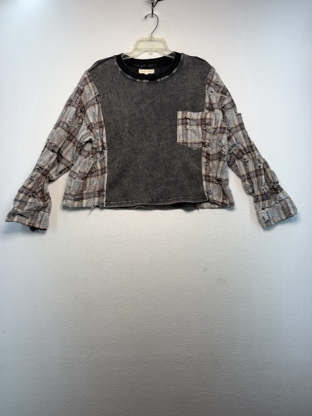 Gilded Intent Cropped Grunge Flannel Distress L Grey Crew Neck Long Sleeve Shirt